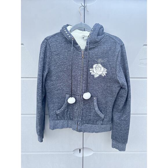 Y2K Vintage Women’s Ed Hardy Sherpa Lined Pom Pom String Studded Hoodie Sz S - Picture 3 of 15